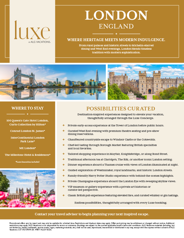 Luxe Destination Guide cover for London, England